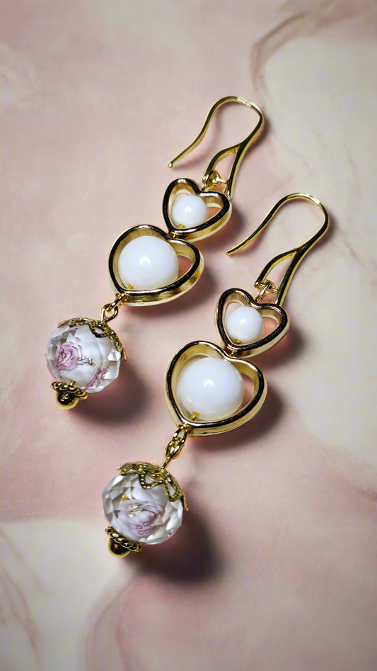 Gold Heart Duo Earrings with White Acrylic Beads and Hidden Flower Crystal Dangles - 2½"