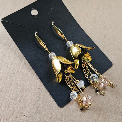 Golden Leaf Bell Dangle Earrings with Crystal Drops & Chain