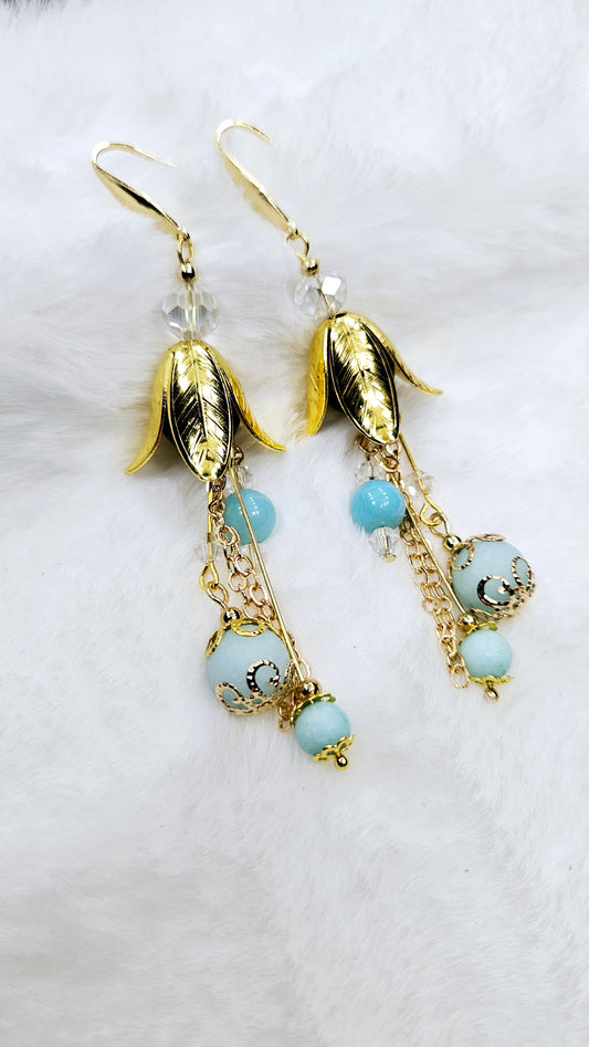 Golden Leaf Bell Dangle Earrings with Light Blue Frosted Glass Drops 