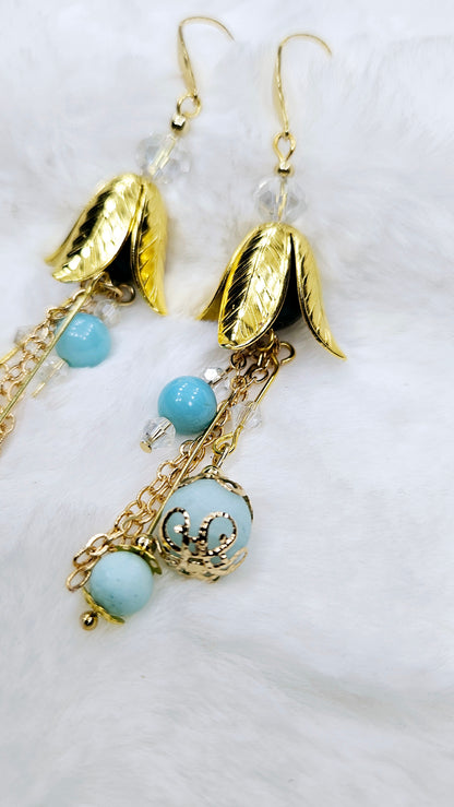 Golden Bellflower & Light Blue Cluster Drop-Dangle Earrings