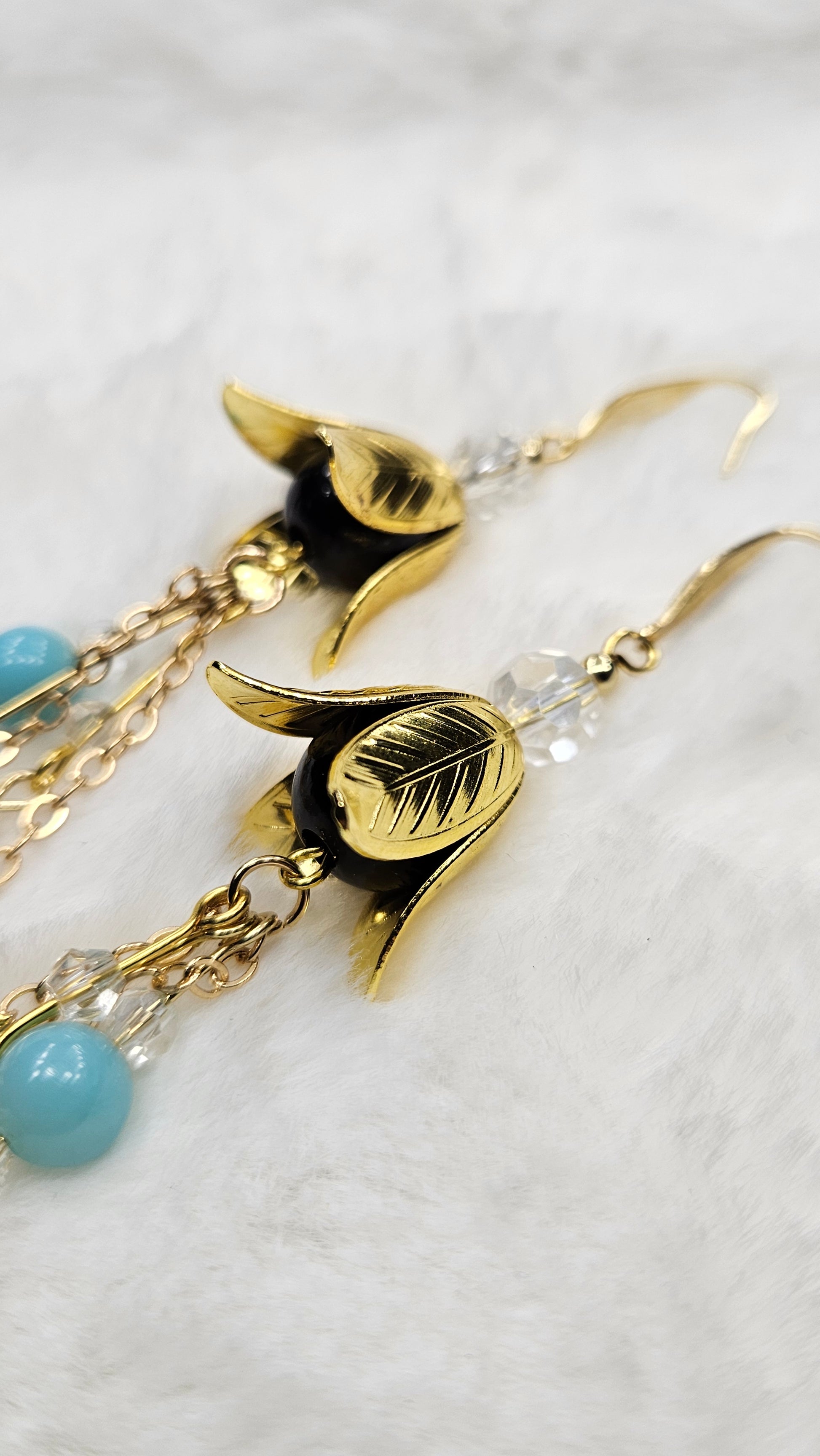 Golden Bellflower & Light Blue Cluster Drop-Dangle Earrings