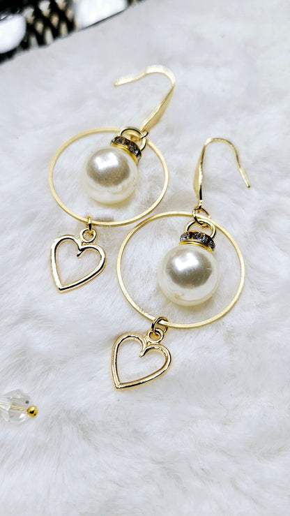 Golden Hoops & Pearls Heart Charm Earrings