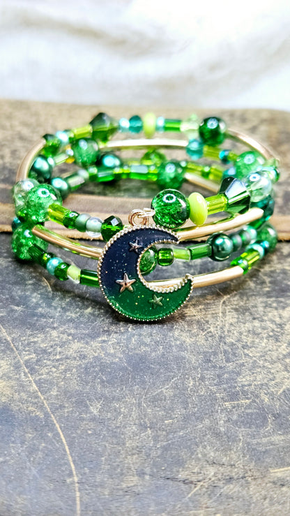 Green & Gold Moon Charm Wrap Bracelet