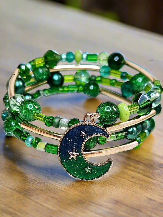 Green & Gold Moon Charm Wrap Bracelet
