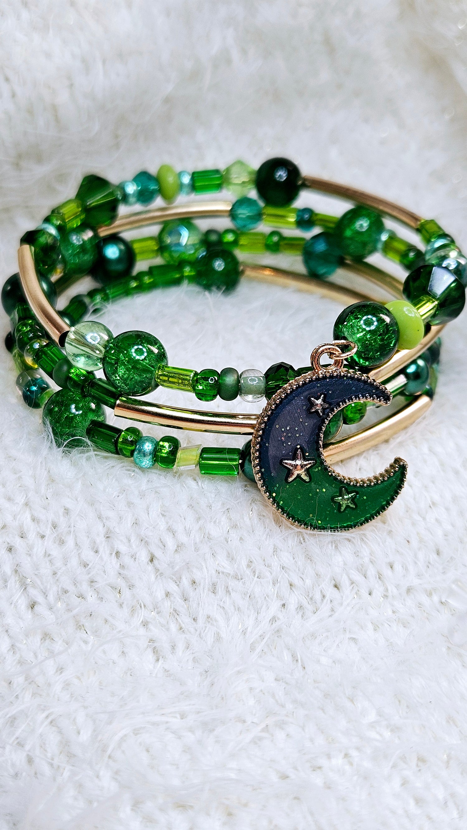 Green & Gold Moon Charm Wrap Bracelet