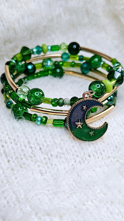 Green & Gold Moon Charm Wrap Bracelet