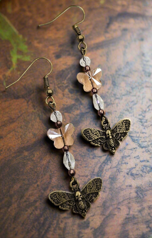 Peach Crystal Butterflies and Brass Dead Head Moth Dangle Earrings - 3"