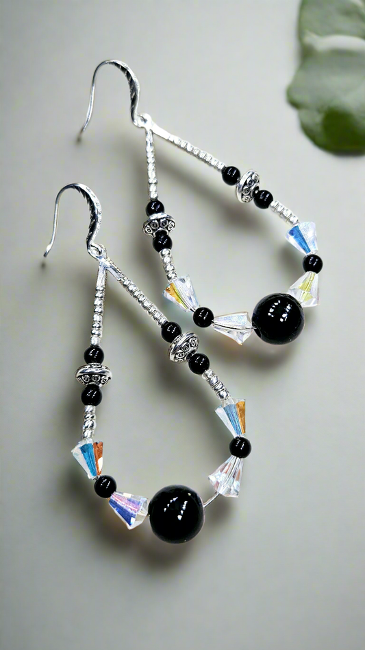 Iridescent Crystal & Black Beaded Teardrop Hoop Earrings