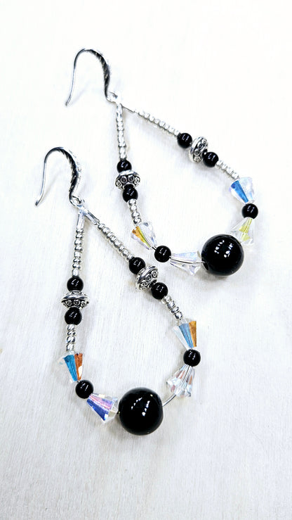 Iridescent Crystal & Black Beaded Teardrop Hoop Earrings
