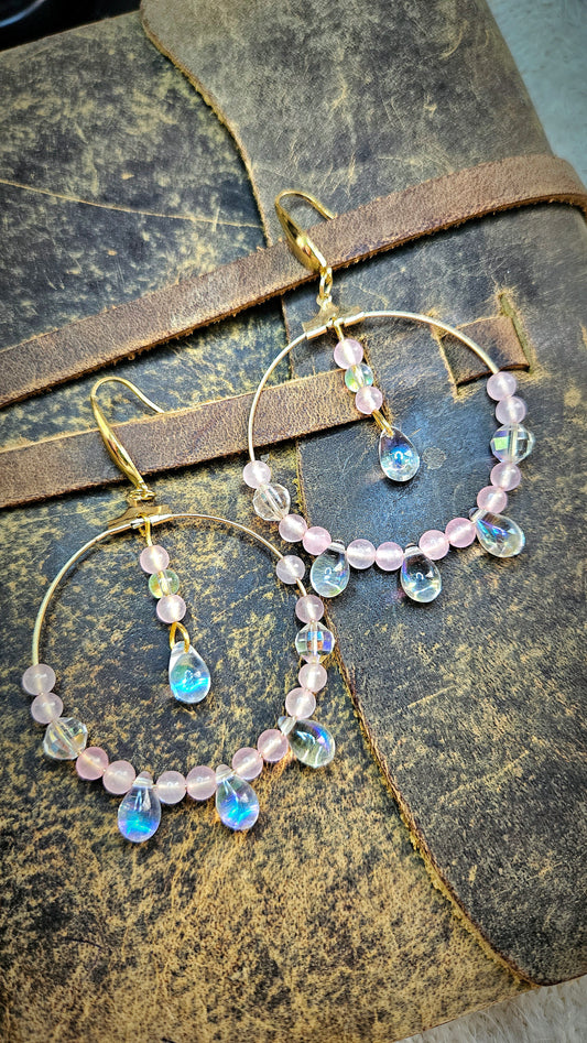 Iridescent Teardrop & Pink Beaded Dangling Hoop Earrings