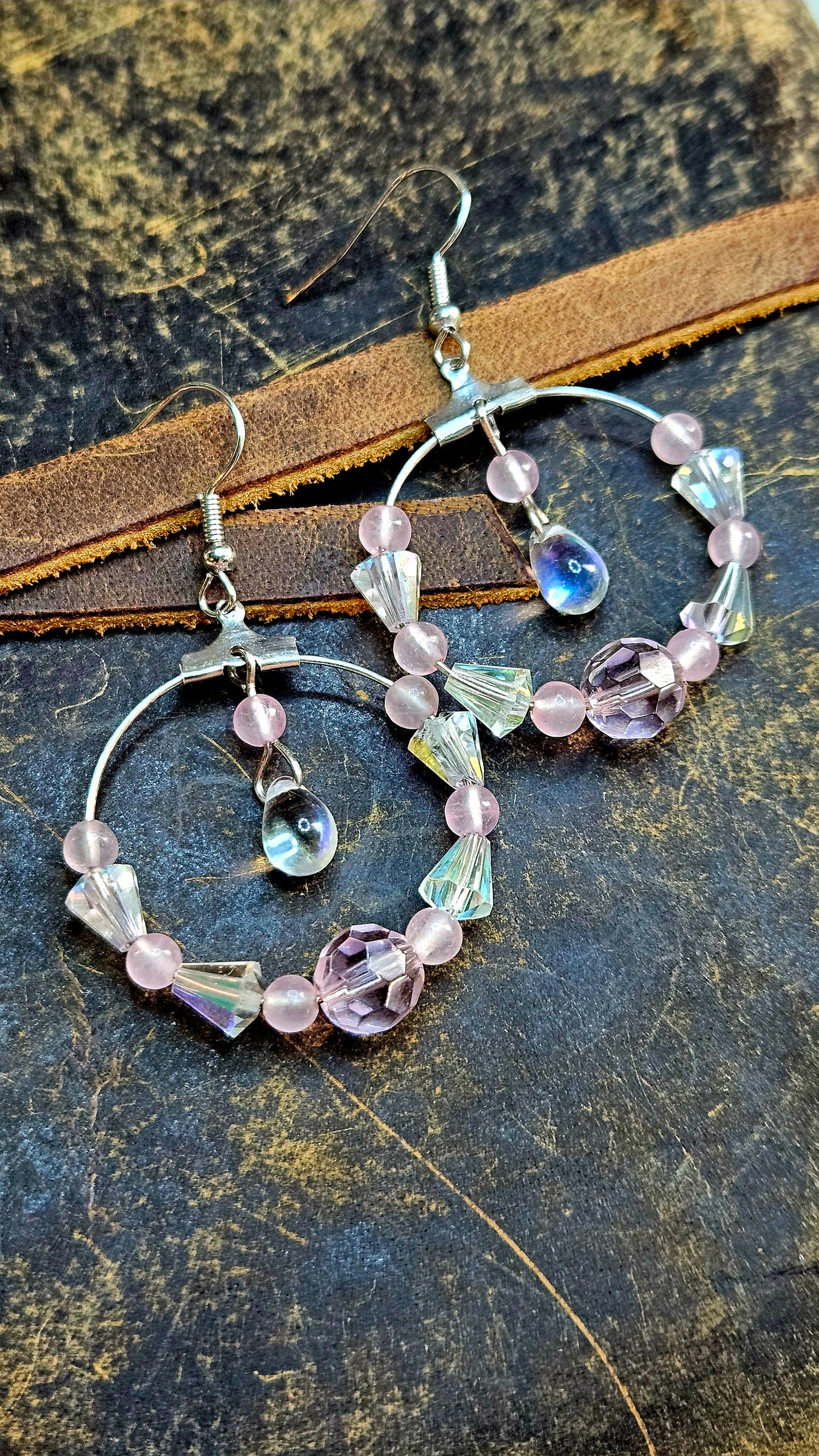Iridescent Teardrop & Pink Beaded Dangling Hoop Earrings