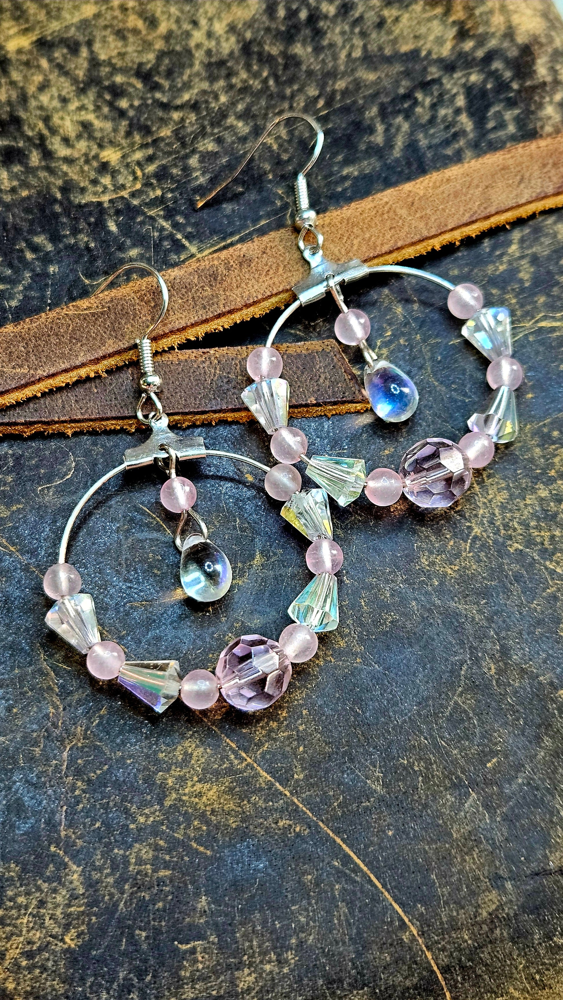 Iridescent Teardrop & Pink Beaded Dangling Hoop Earrings