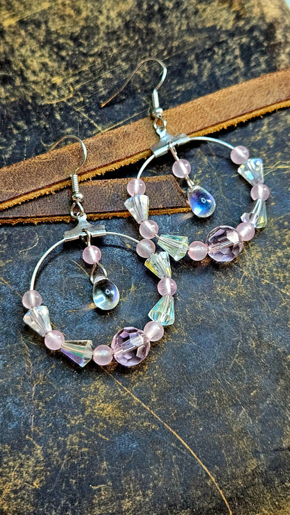 Iridescent Teardrop & Pink Beaded Dangling Hoop Earrings