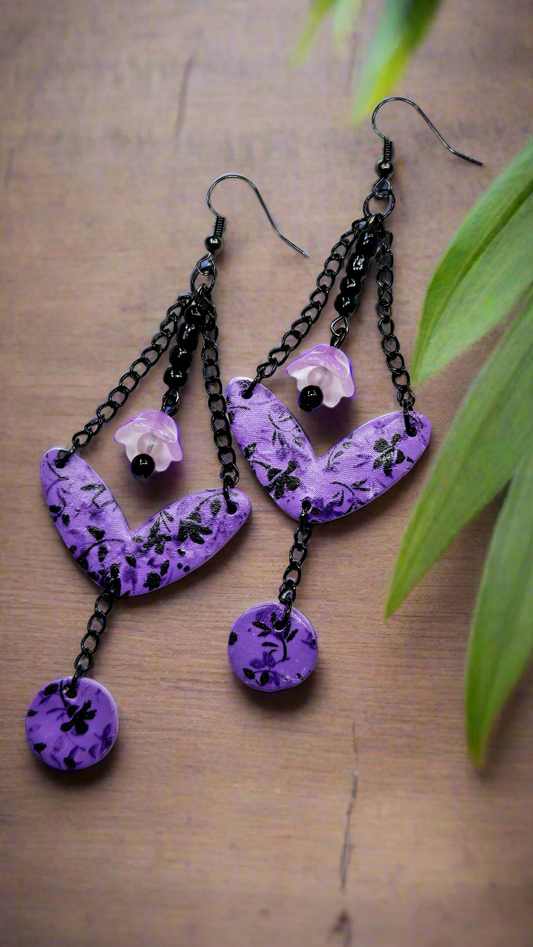 Long Black Floral Clay & Purple Bellflower Chain Earrings