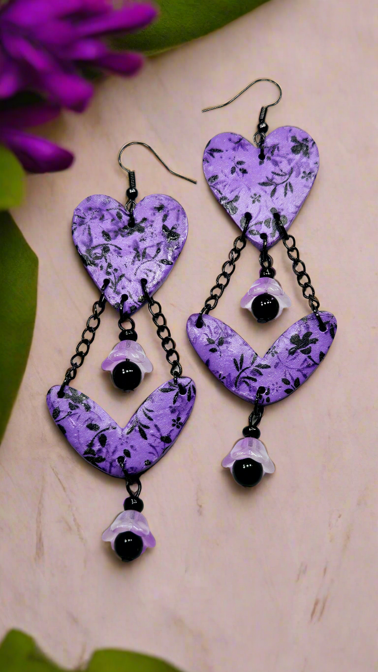 Long Black Floral Clay & Purple Bellflower Chain Earrings