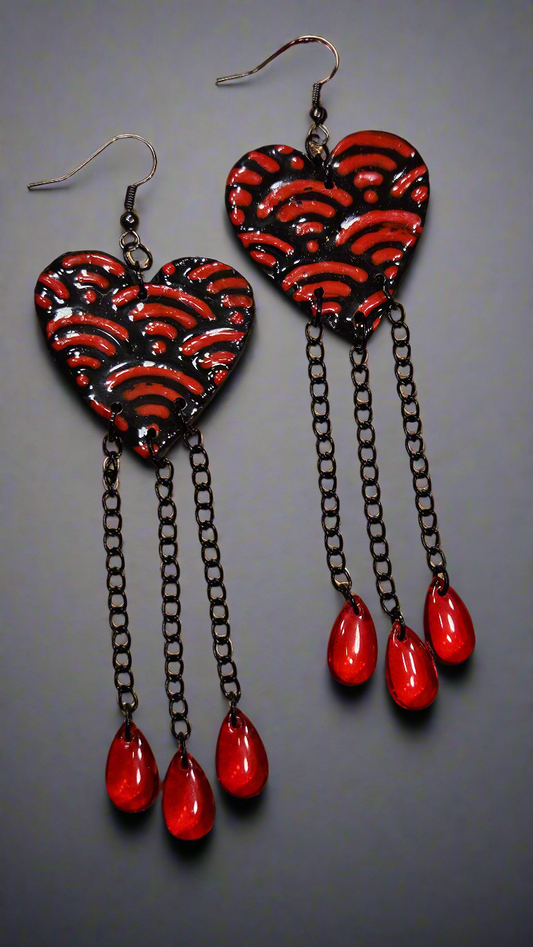 Long Red & Black Clay Heart, Chain & Blood Drop Earrings