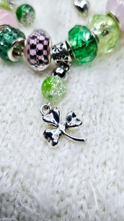 Lucky Pink & Green Clover Charm Bracelet