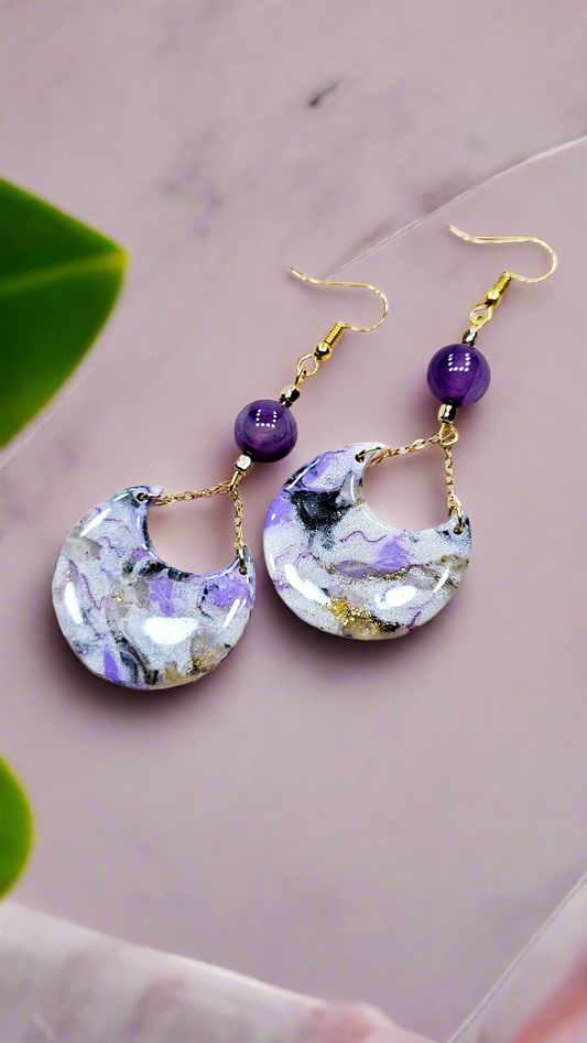 Marbled Purple Clay & Gold Chain Dangle Earrings
