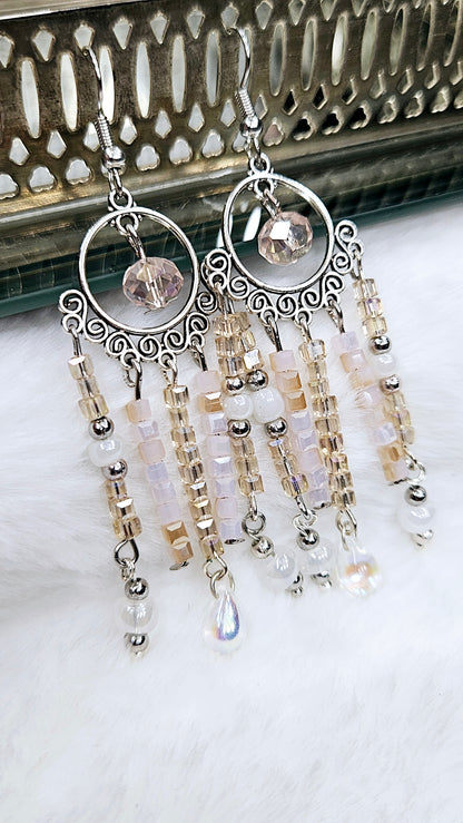 Pale Pink & Swirling Silver Chandelier Earrings