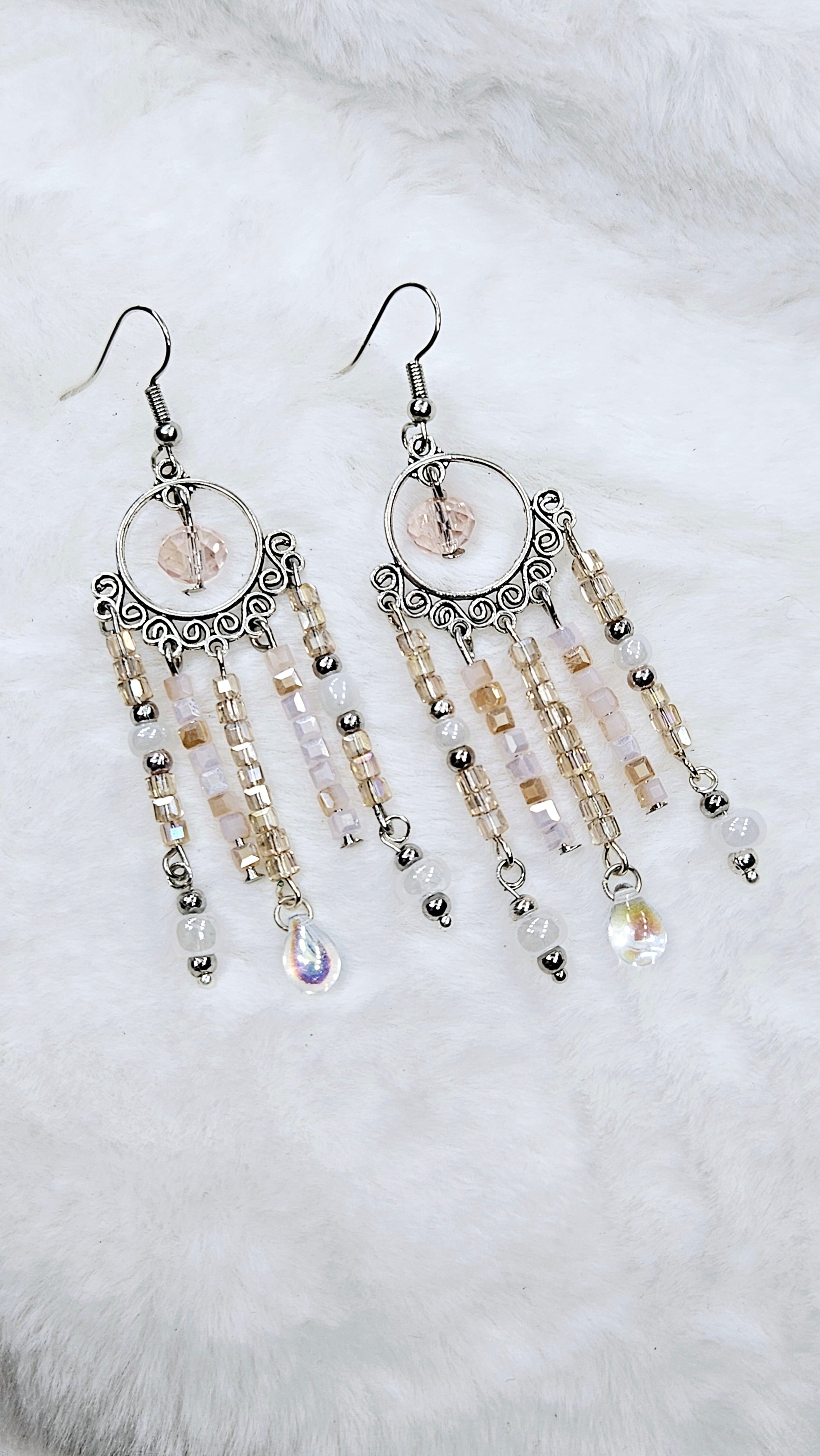 Pale Pink & Swirling Silver Chandelier Earrings