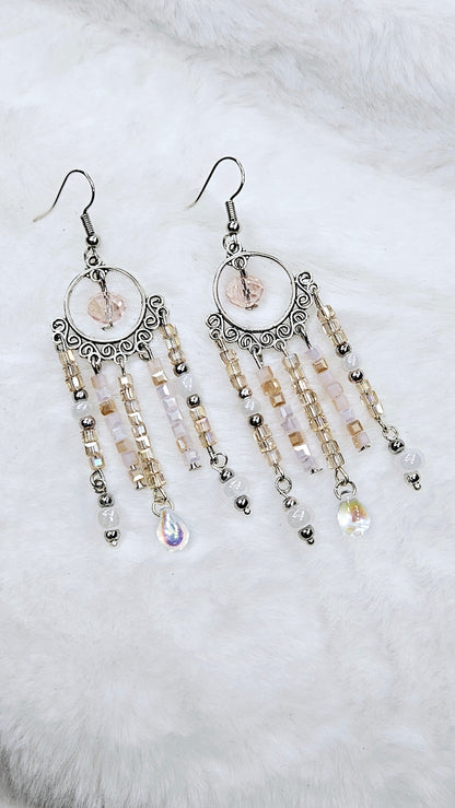 Pale Pink & Swirling Silver Chandelier Earrings