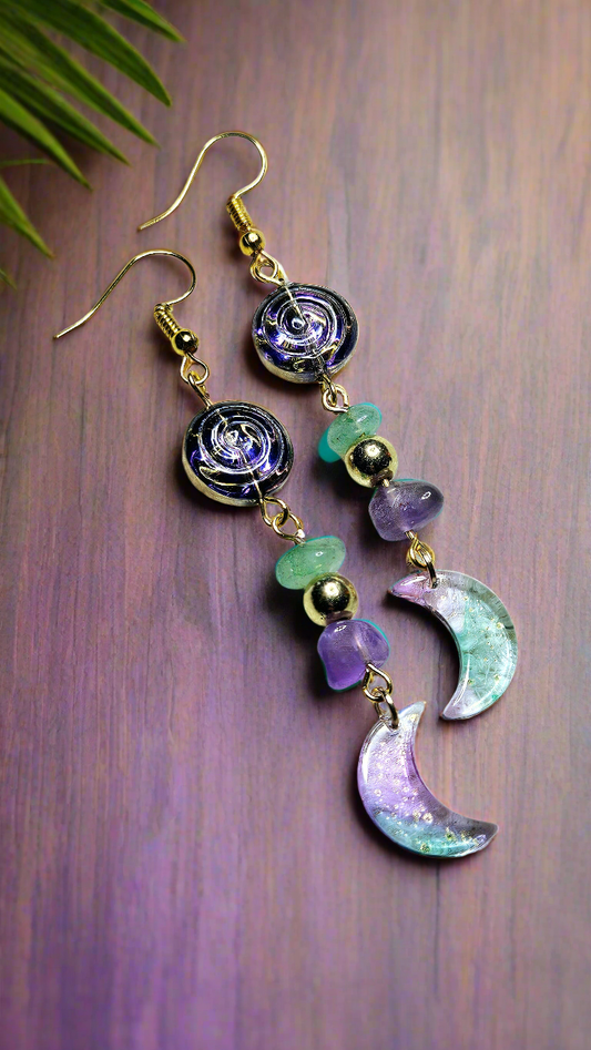Peaceful Purple & Jade Moon Earrings