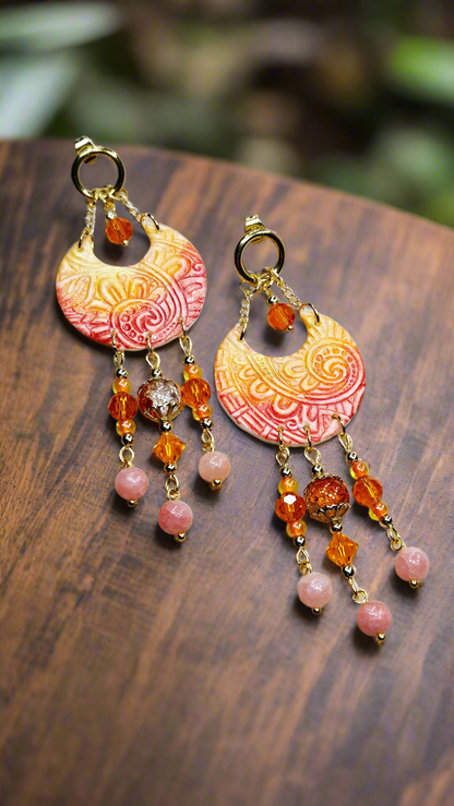 Pink & Orange Sunset Beaded Clay Dangle Earrings