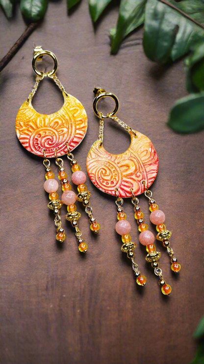 Pink & Orange Sunset Beaded Clay Dangle Earrings