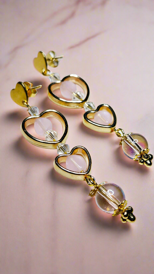 Pretty in Pink & Gold Heart Trio Stud Dangle Earrings