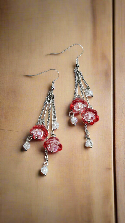 Red Drop Bell-flower & Silver Chain Dangle Earrings