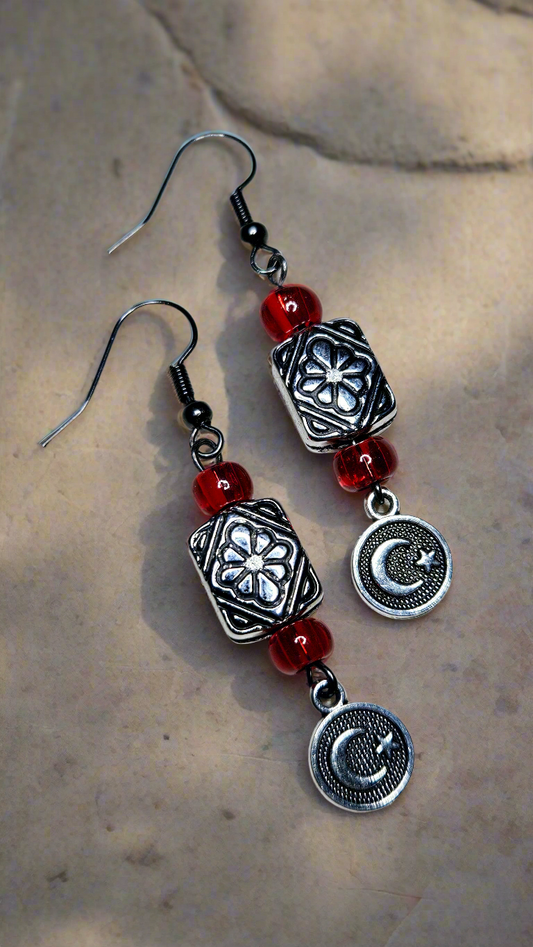 Red & Silver Moon Charm Dangle Earrings