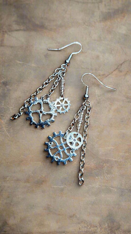 Silver Cogs and Chains Steampunk Dangle Earrings