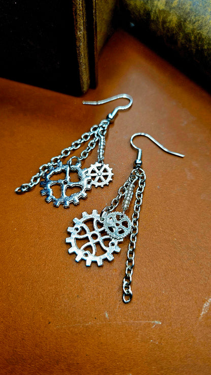 Silver Cogs and Chains Steampunk Dangle Earrings