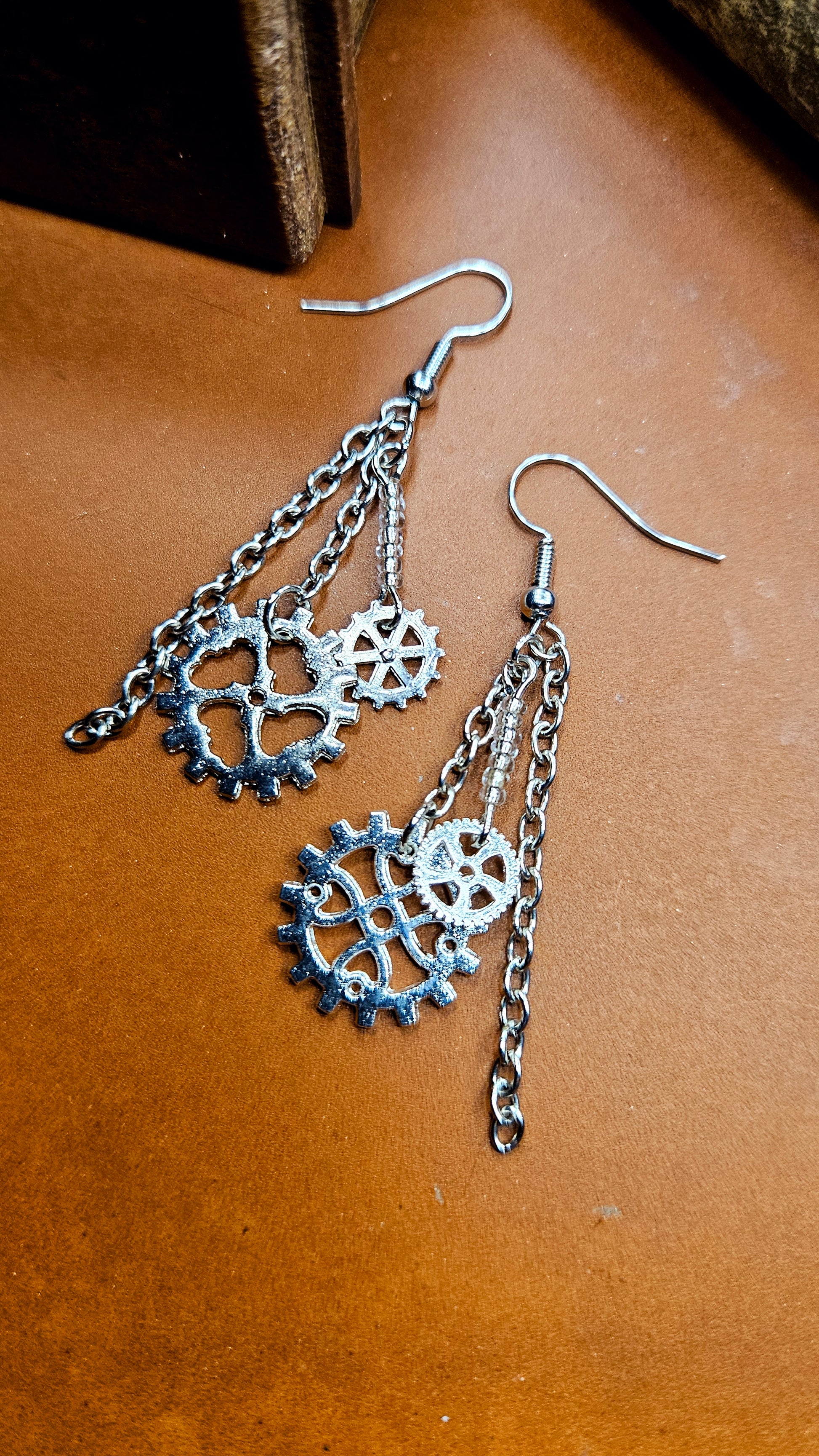 Silver Cogs and Chains Steampunk Dangle Earrings