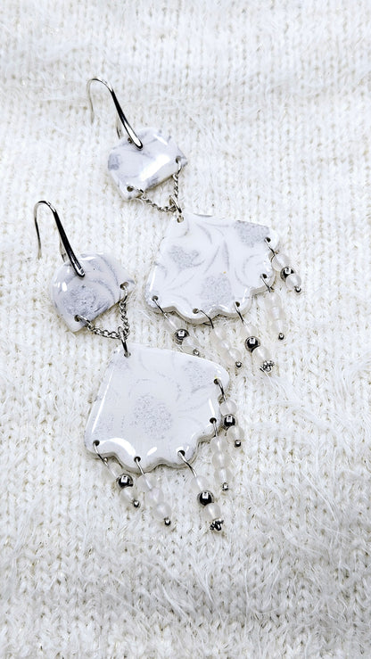 Silver Floral Print Beaded Clay Dangle Earrings