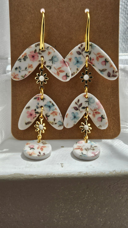 Spring Floral Clay & Gold Flower Chain Dangle Earrings