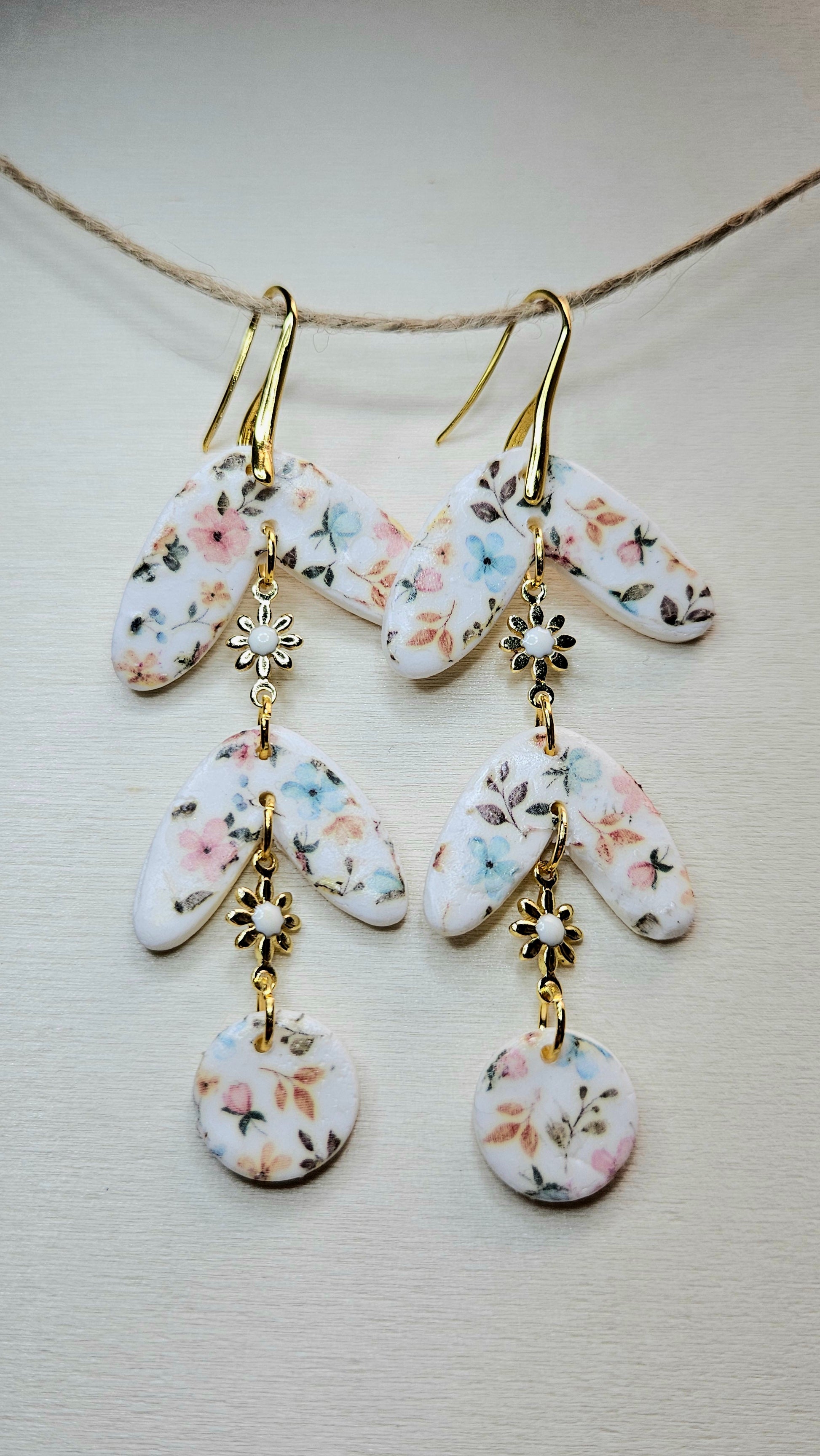 Spring Floral Clay & Gold Flower Chain Dangle Earrings