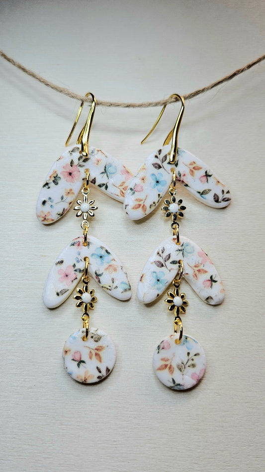 Spring Floral Clay & Gold Flower Chain Dangle Earrings
