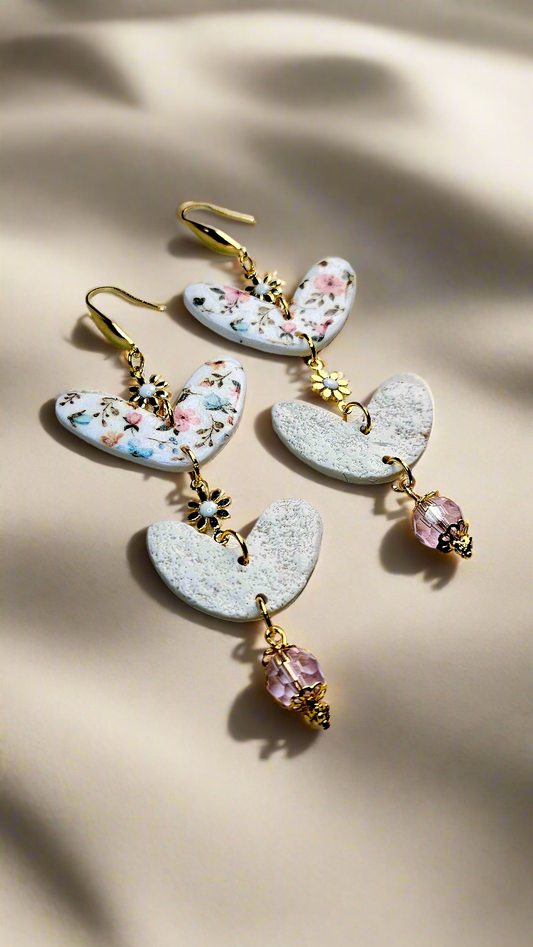 Spring Floral Clay Heart & Gold Flower Chain Dangle Earrings