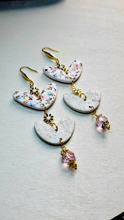 Spring Floral Clay Heart & Gold Flower Chain Dangle Earrings