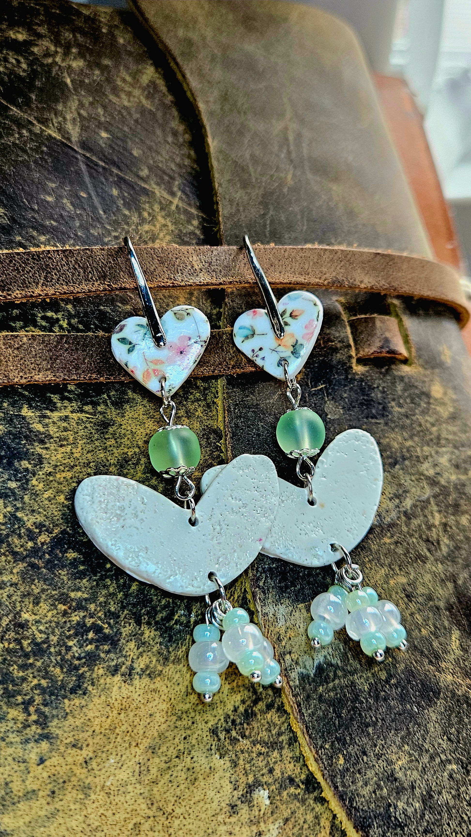 Spring Floral Clay Hearts & Green Cluster Dangle Earrings