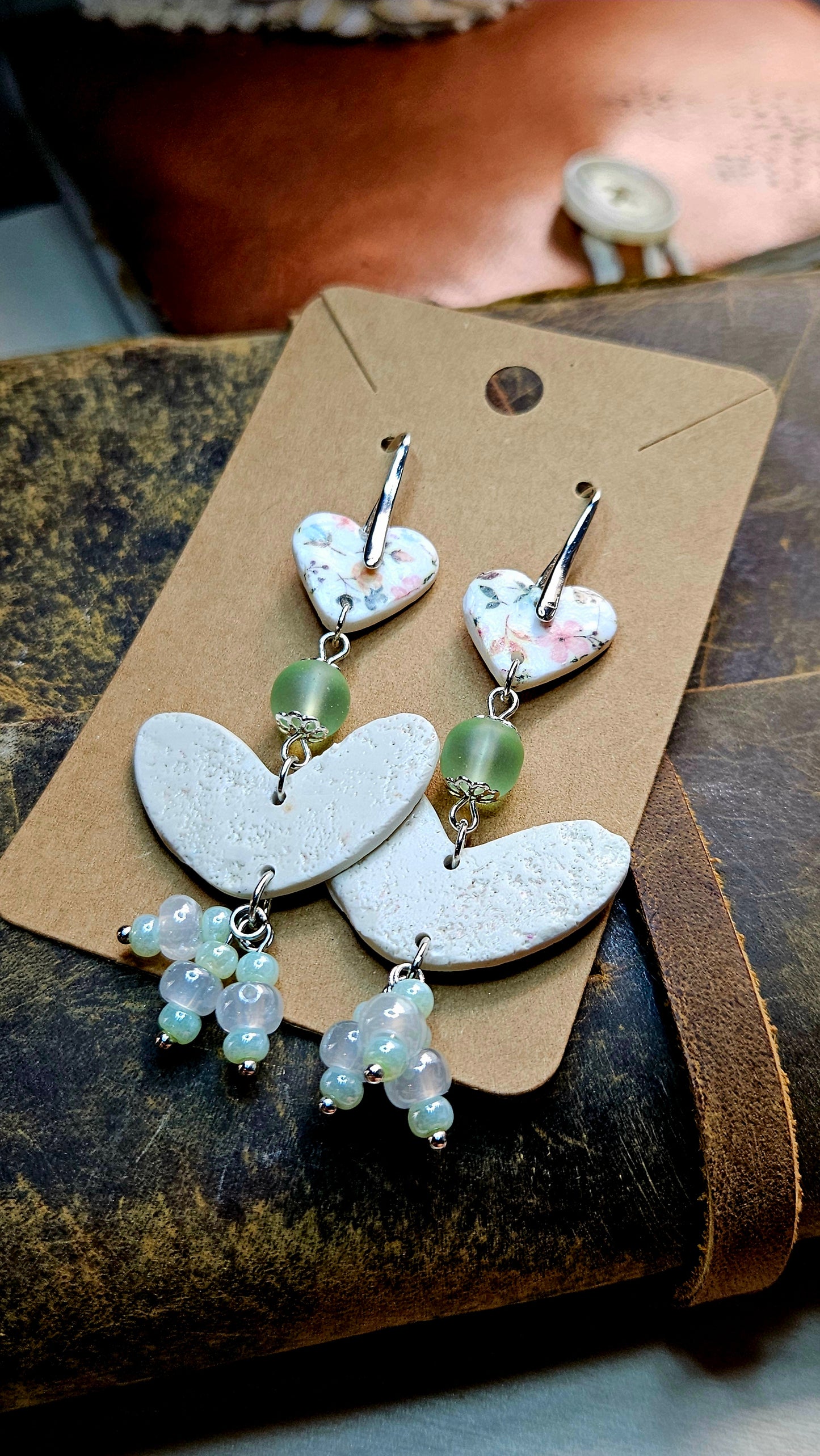 Spring Floral Clay Hearts & Green Cluster Dangle Earrings