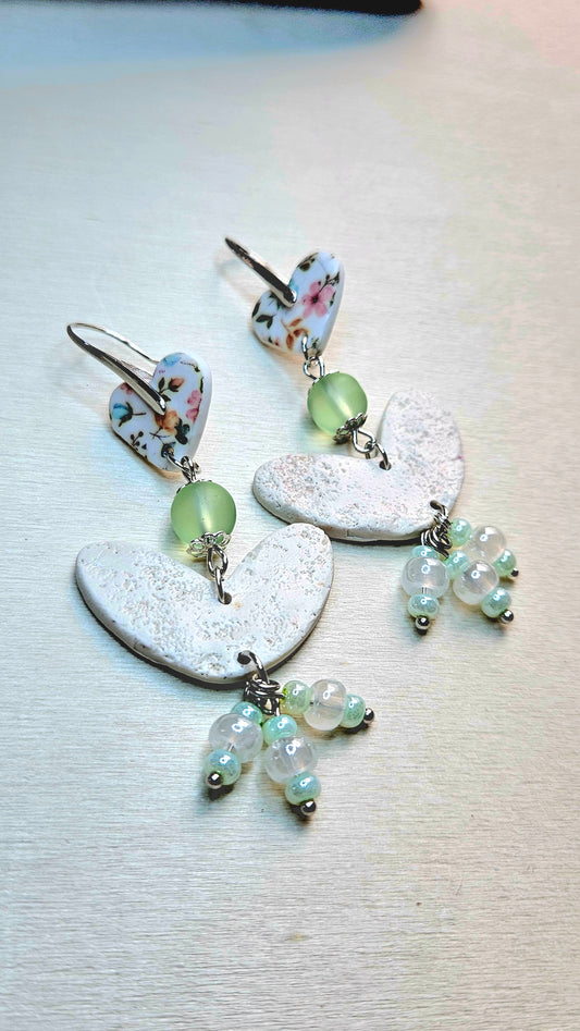 Spring Floral Clay Hearts & Green Cluster Dangle Earrings