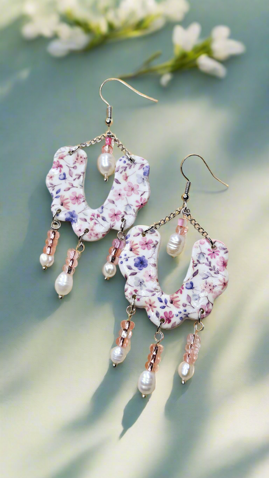 Spring Floral Clay & Pink with Pearl Dangle Earrings