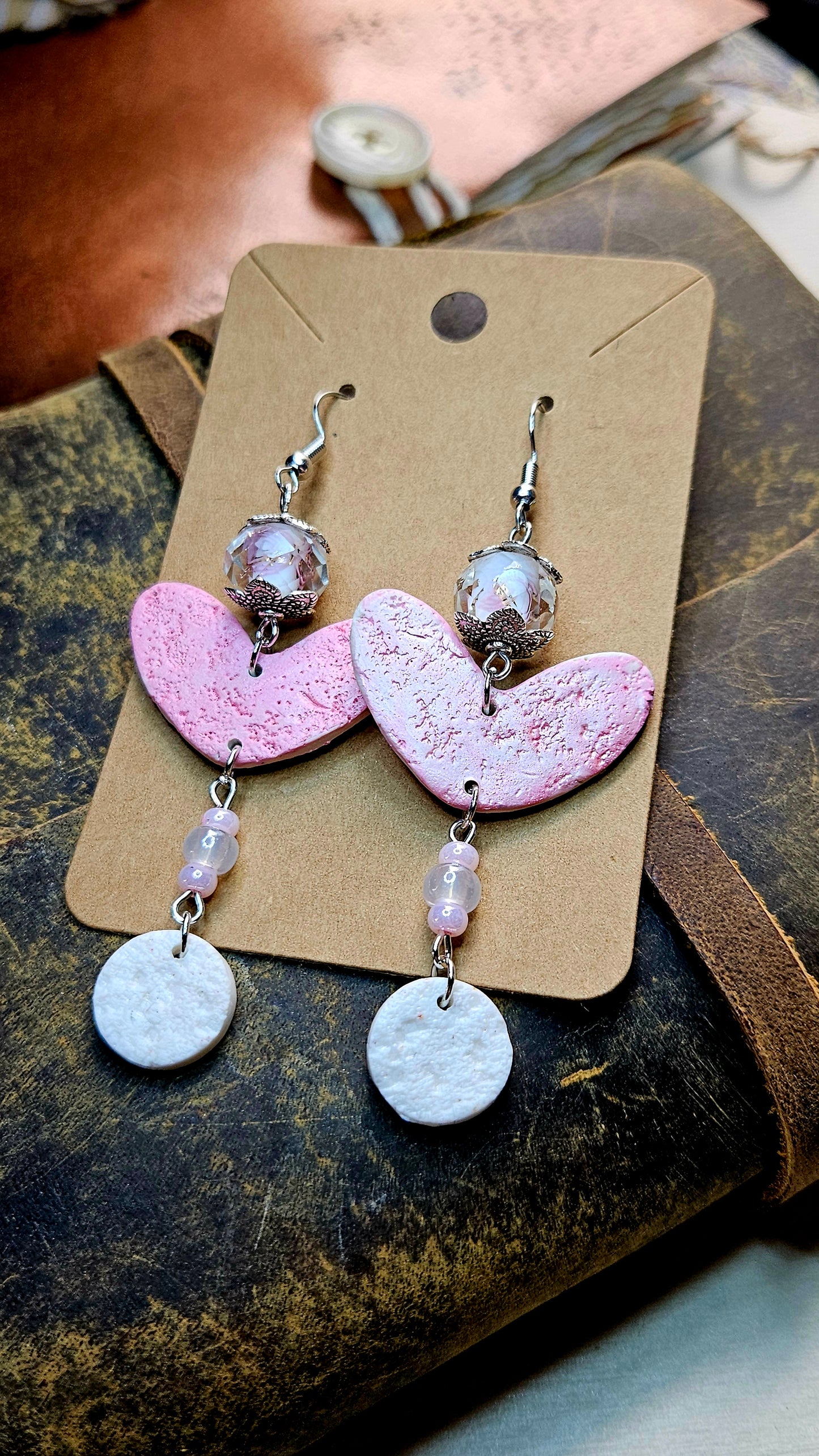 Spring Pink Clay Heart Dangle Earrings