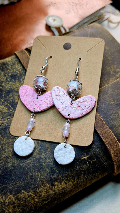 Spring Pink Clay Heart Dangle Earrings