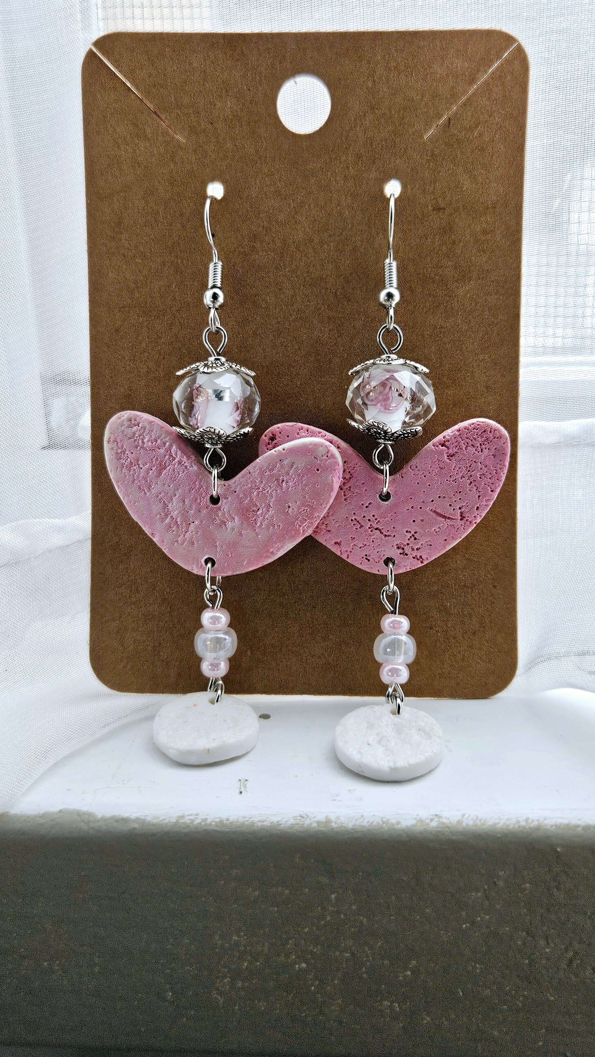 Spring Pink Clay Heart Dangle Earrings