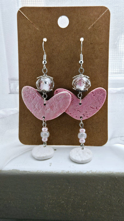 Spring Pink Clay Heart Dangle Earrings