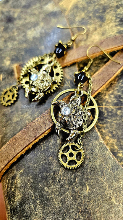 Strapping Steampunk Brass Turtles, Cogwheels & Chains Dangle Earrings