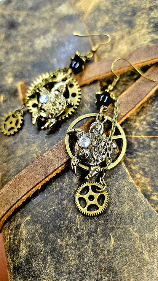 Strapping Steampunk Brass Turtles, Cogwheels & Chains Dangle Earrings